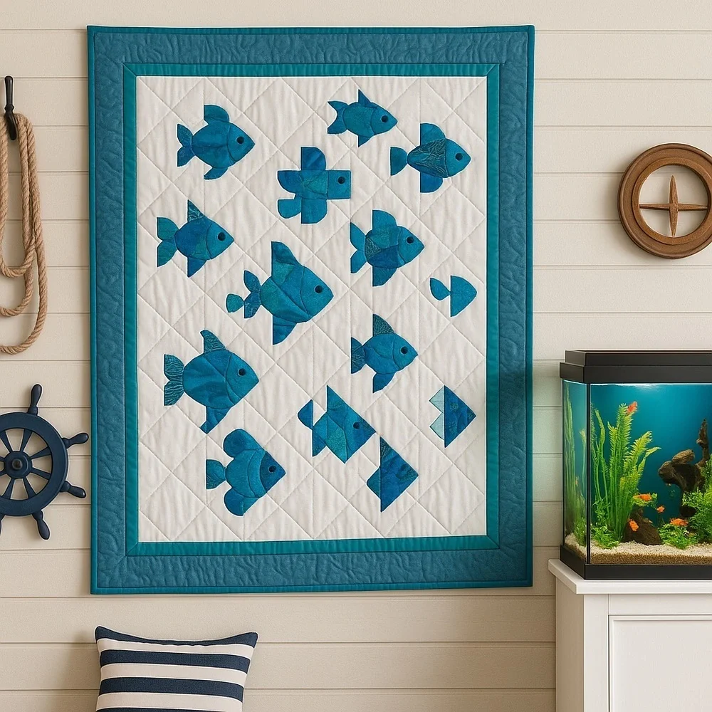 Handmade Ocean Fish Quilt 48” x 60” – Coastal Nautical Beach House Throw